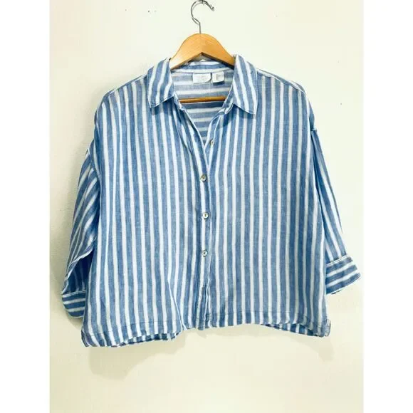 Sigrid Olsen 100% linen crop button up shirt blue stripe coastal beach women L - Picture 2 of 7